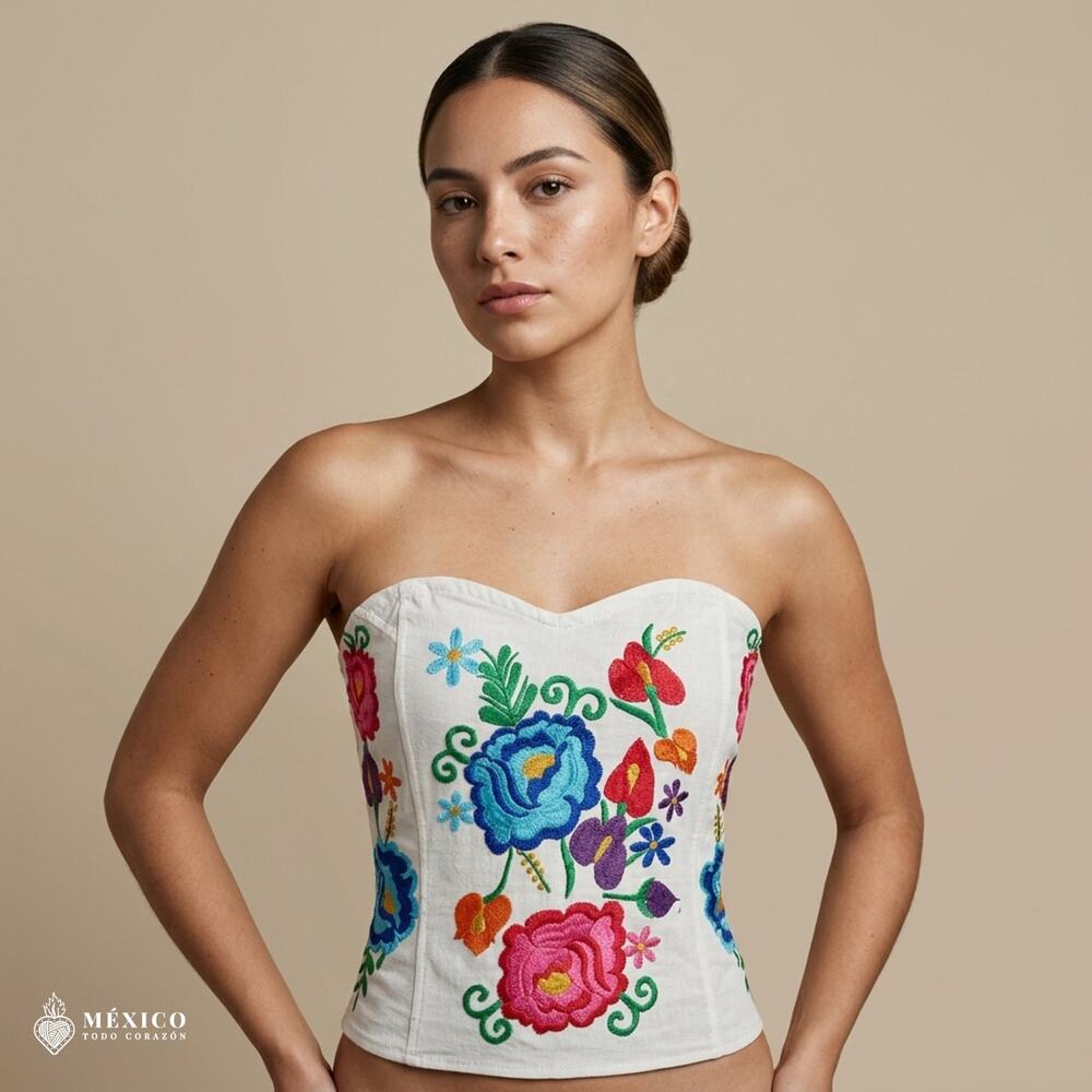Mexican Embroidered Cotton Manta Corset Top – Handmade Floral Artisan Blouse